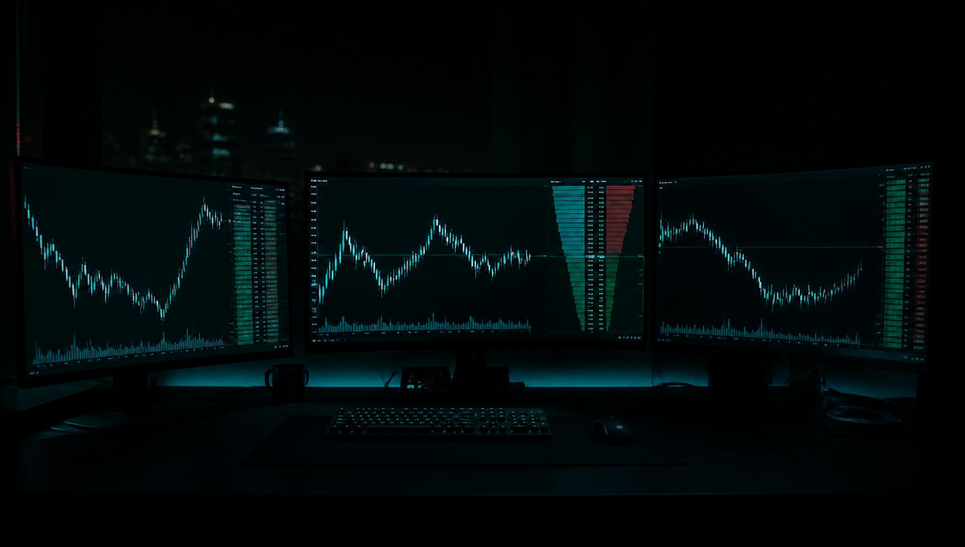 Multi-monitor NQ futures trading desk with candlestick charts in Odenton, MD — Brady Trades